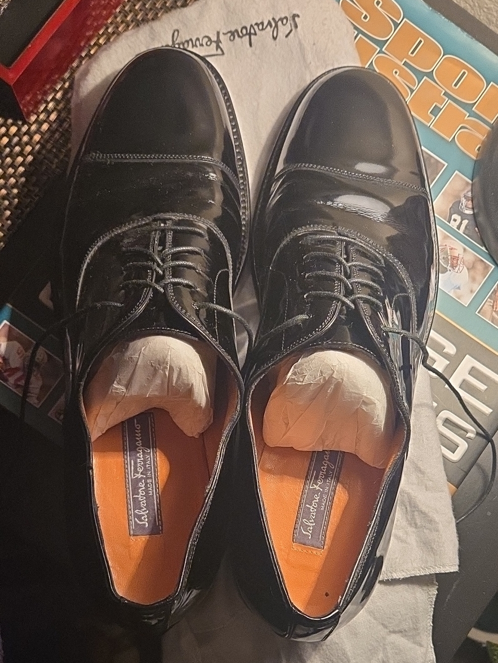 Salvatore Ferragamo Black Patent Leather Cap-Toe Derby Shoes
